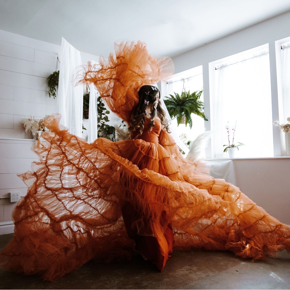 Stunning Orange Ruffled Gown